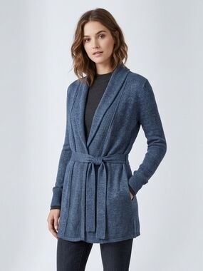 Shawl Collar Belted Cardigan Sweater - Blue Size Small